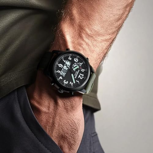 PINDOWS Watches for Men, 30M Waterproof Military Digital Analog Outdoor Sport Watch Multifunctional Wristwatch with Dual Time LED Backlight Alarm Stopwatch Calendar - Image 3