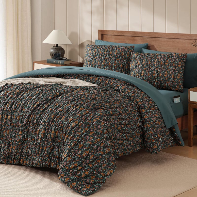 BLOOMHAVEN Queen Comforter Set-7 Pieces Dark Green Classic Puff Floral Bedding Sets for All Seasons,Shabby Chic Farmhouse Bed in a Bag Queen with Wildflowers Comforter,Sheets, Pillowcases & Shams - Image 1