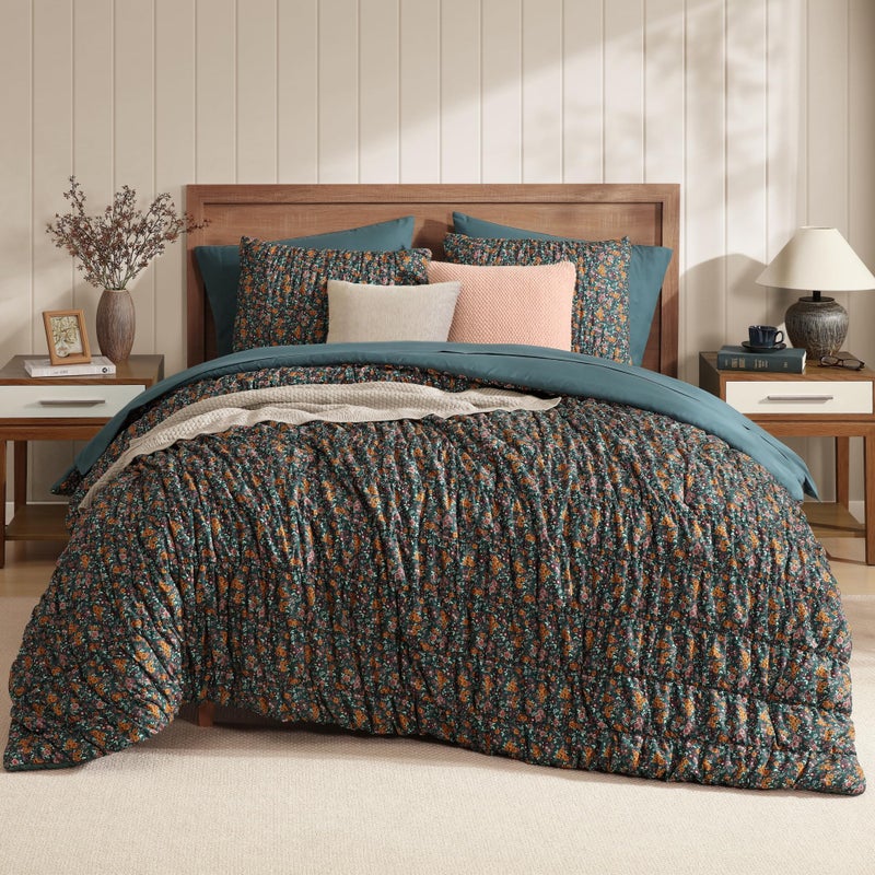 BLOOMHAVEN Queen Comforter Set-7 Pieces Dark Green Classic Puff Floral Bedding Sets for All Seasons,Shabby Chic Farmhouse Bed in a Bag Queen with Wildflowers Comforter,Sheets, Pillowcases & Shams - Image 2