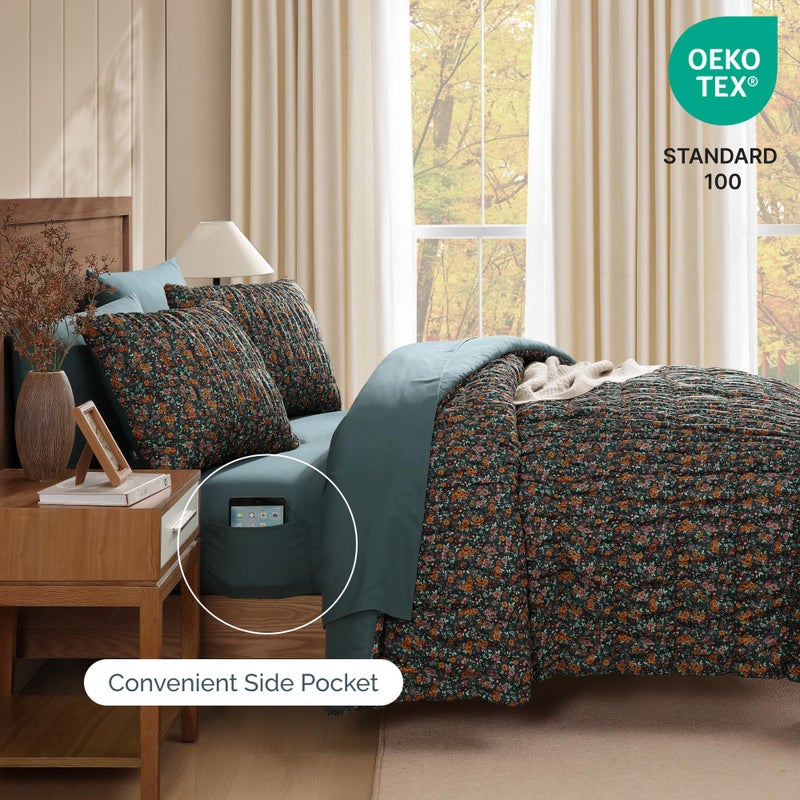BLOOMHAVEN Queen Comforter Set-7 Pieces Dark Green Classic Puff Floral Bedding Sets for All Seasons,Shabby Chic Farmhouse Bed in a Bag Queen with Wildflowers Comforter,Sheets, Pillowcases & Shams - Image 4