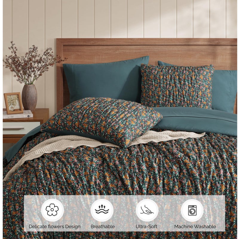 BLOOMHAVEN Queen Comforter Set-7 Pieces Dark Green Classic Puff Floral Bedding Sets for All Seasons,Shabby Chic Farmhouse Bed in a Bag Queen with Wildflowers Comforter,Sheets, Pillowcases & Shams - Image 3
