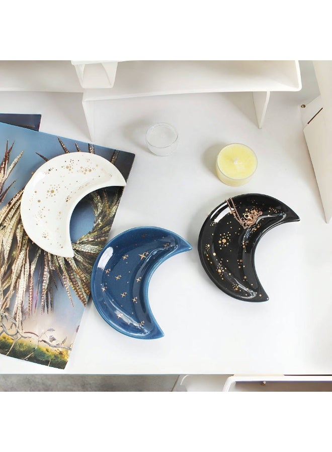 Moon Shape Jewelry Tray, 3pcs/Set Ceramic Moon Decorative Trinket Dish, Organizing Necklace Earrings Keys Jewelry Plate, for Vanity Bathroom Engagement Ring(3 Colors) - Image 1