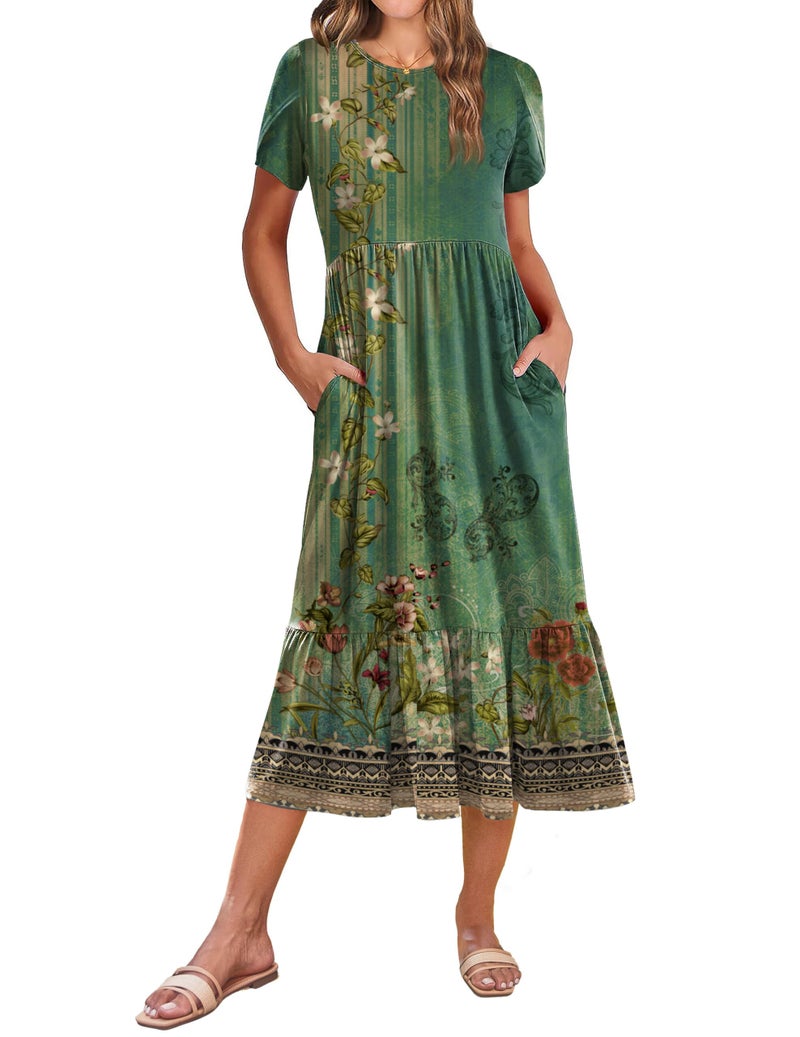 Zeagoo Summer Long Dresses for Women 2026 Short Sleeve Casual Loose Midi Dress with Pockets A Line Tiered Flowy Sundress Empire Waisted Shift Tshirt Dresses Green Floral S - Image 1