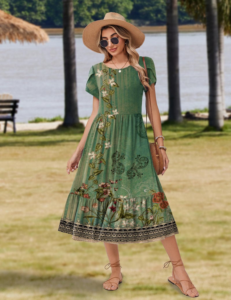 Zeagoo Summer Long Dresses for Women 2026 Short Sleeve Casual Loose Midi Dress with Pockets A Line Tiered Flowy Sundress Empire Waisted Shift Tshirt Dresses Green Floral S - Image 3