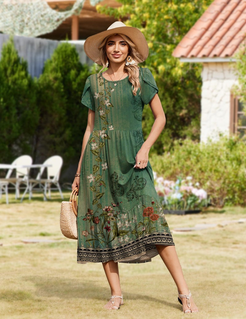 Zeagoo Summer Long Dresses for Women 2026 Short Sleeve Casual Loose Midi Dress with Pockets A Line Tiered Flowy Sundress Empire Waisted Shift Tshirt Dresses Green Floral S - Image 4