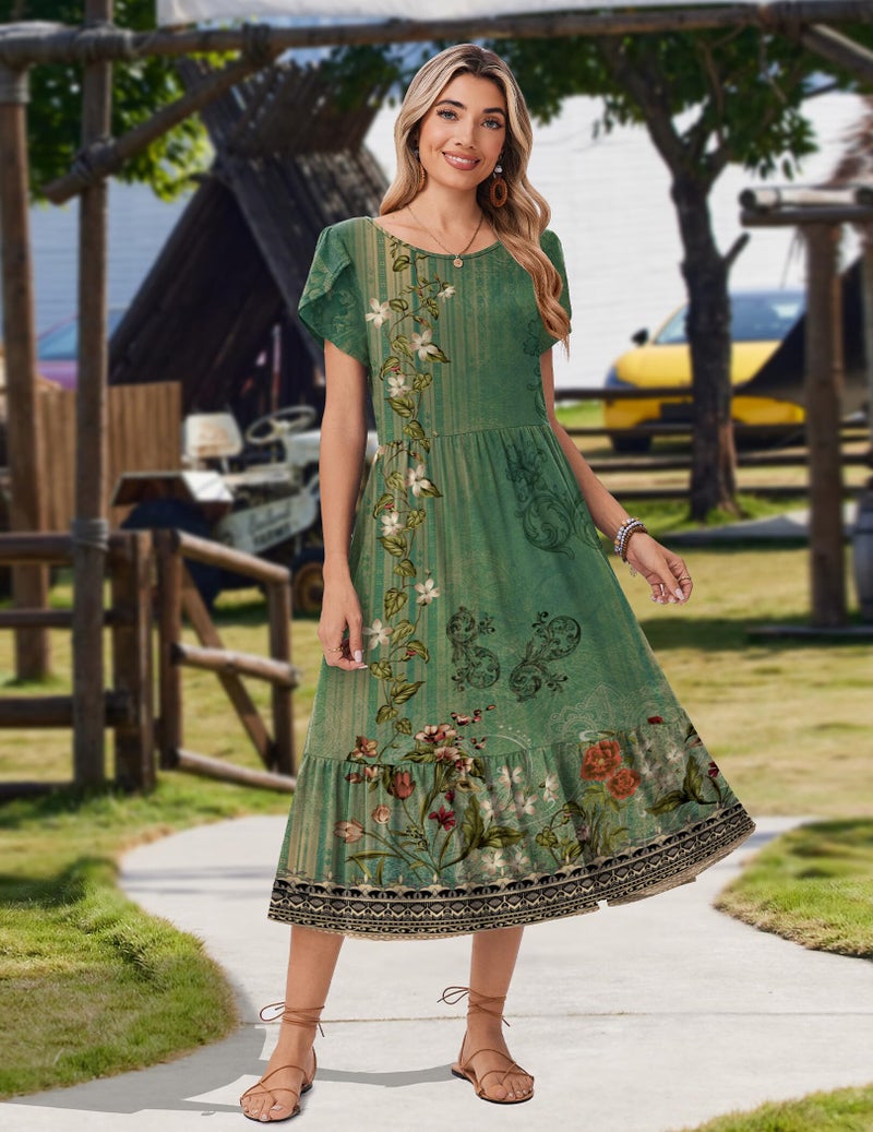 Zeagoo Summer Long Dresses for Women 2026 Short Sleeve Casual Loose Midi Dress with Pockets A Line Tiered Flowy Sundress Empire Waisted Shift Tshirt Dresses Green Floral S - Image 2