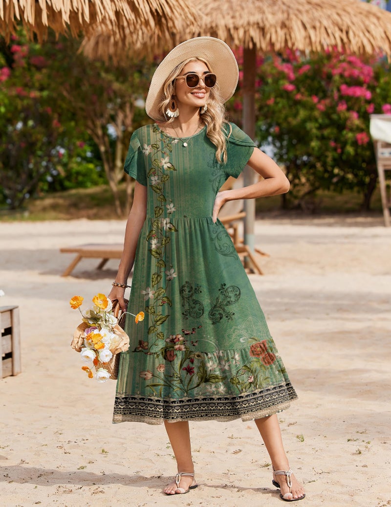 Zeagoo Summer Long Dresses for Women 2026 Short Sleeve Casual Loose Midi Dress with Pockets A Line Tiered Flowy Sundress Empire Waisted Shift Tshirt Dresses Green Floral S - Image 5