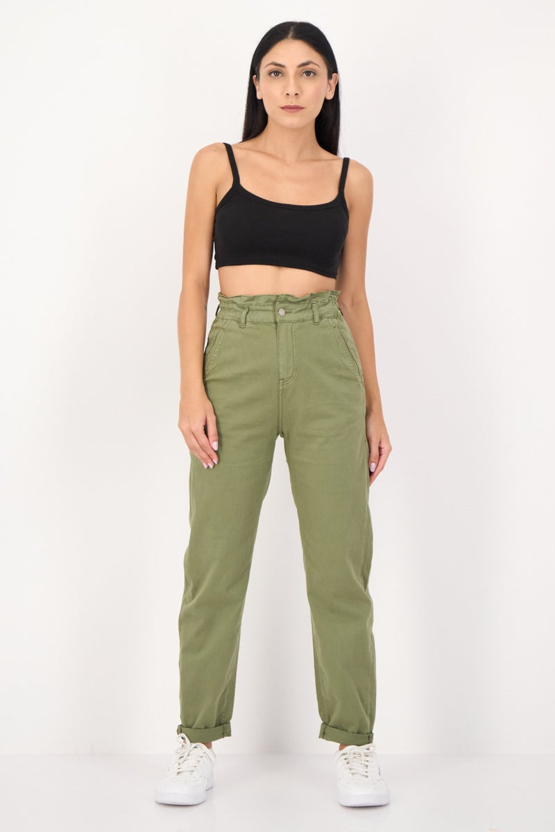 Reiko Women Regular Fit Solid Straight Leg Pants, Khaki - Image 4