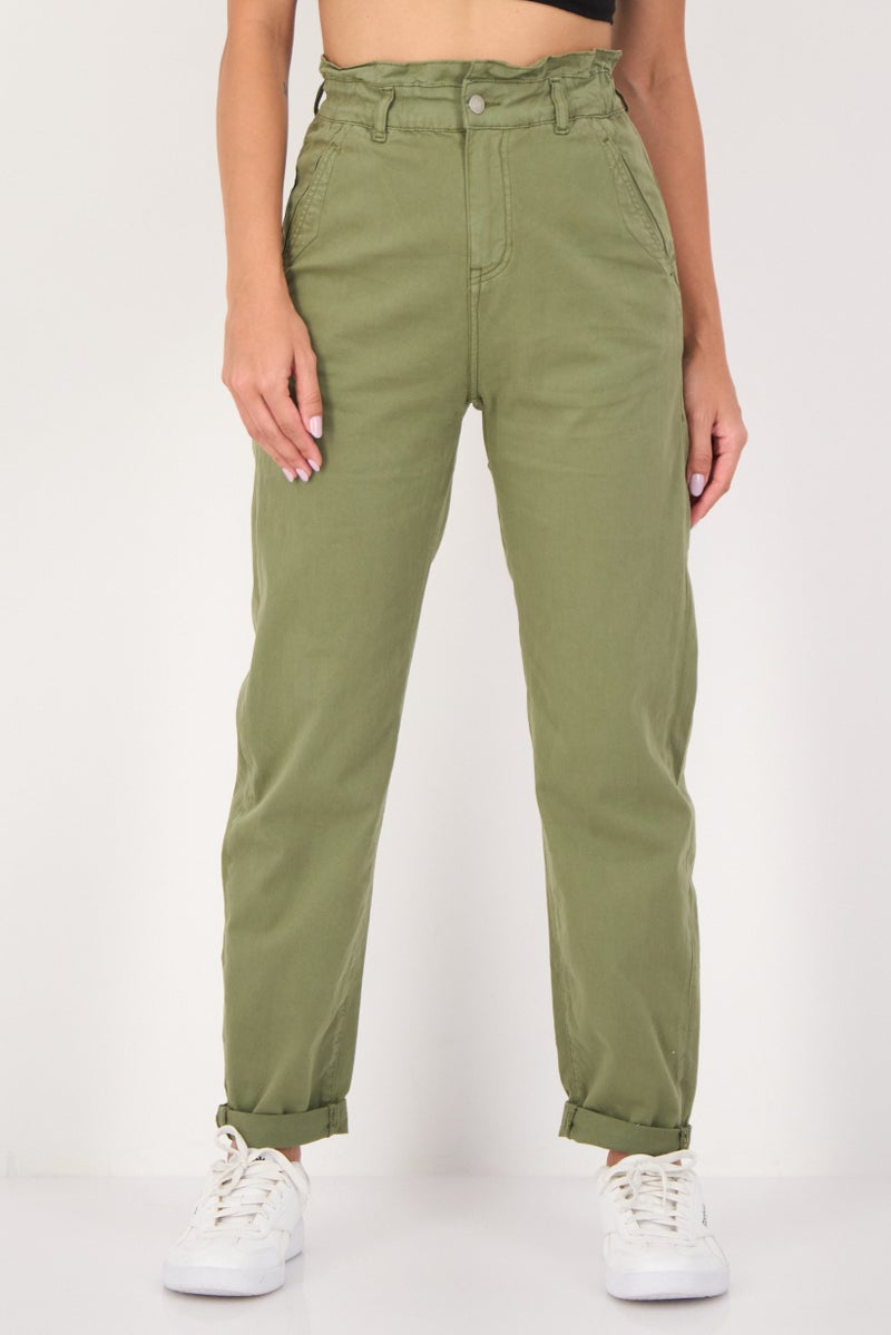 Reiko Women Regular Fit Solid Straight Leg Pants, Khaki - Image 1
