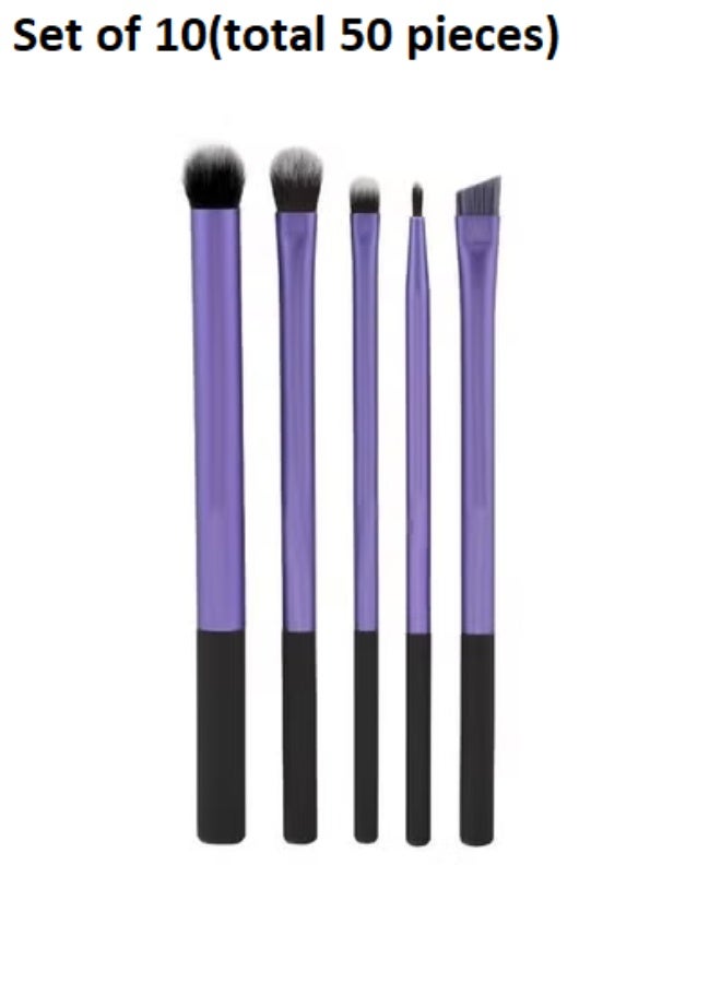 Bulk Set of 10 Eye Makeup Brush Kits (Total 50 Pieces) – Professional Purple Handle Eyeshadow Blending, Crease, Eyeliner, and Angled Brow Brush Sets - Image 1