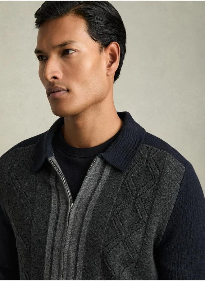REISS Ls Wool Colour Block Zip Through Cardigan