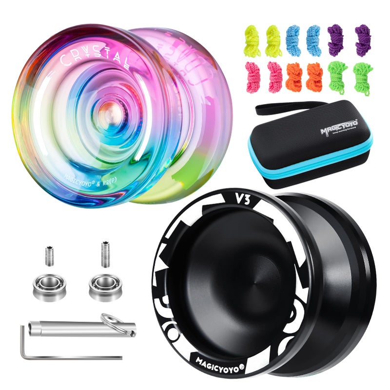 MAGICYOYO Reponsive Yoyos for Kids Beginners, Pro Yoyo 2 Pack Aluminum Yoyo V3 + Plastic Yoyo K2 Crystal, Dual Yo-yos with 12 Yoyo Strings, Yoyo Case, Yo-Yo Accessory Kit (V3 Black + K2 Gradient) - Image 1