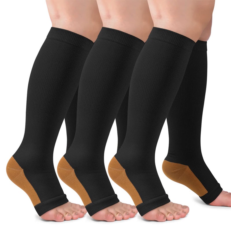 CTHH 3 Pack Open Toe Compression Socks for Women & Men, 20-30mmHg Toeless Knee High Stockings for Circulation Support, Copper Black Large-X-Large - Image 1