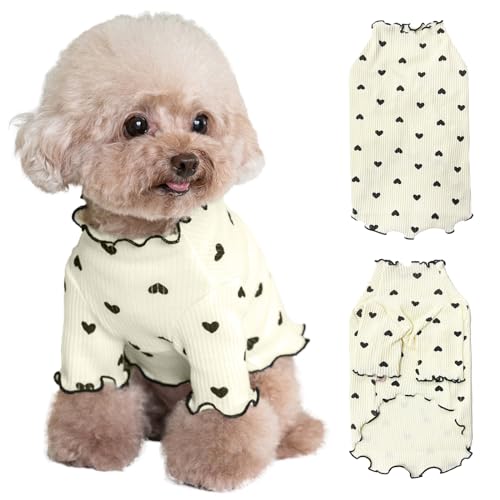 Yaopelky Pet Clothes for Small Dogs Cat Summer Fall Heart Print Shirt Stretchable Ruffle Long Sleeve Outfits for Chihuahua Schnauzer Shih Tzu Yorkie (Beige, Small) - Image 1