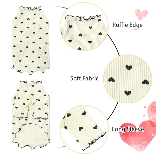 Yaopelky Pet Clothes for Small Dogs Cat Summer Fall Heart Print Shirt Stretchable Ruffle Long Sleeve Outfits for Chihuahua Schnauzer Shih Tzu Yorkie (Beige, Small) - Image 2