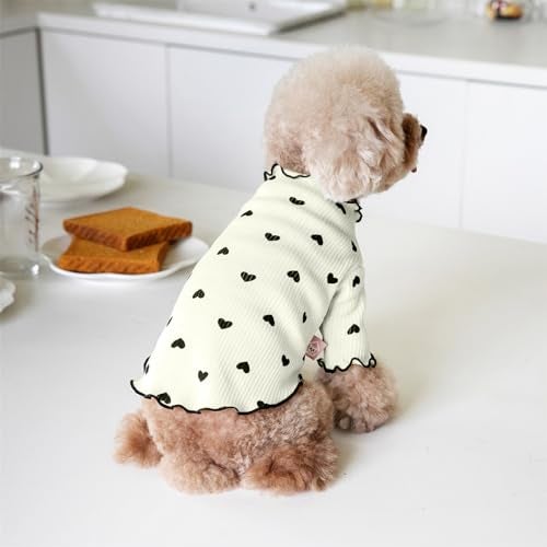 Yaopelky Pet Clothes for Small Dogs Cat Summer Fall Heart Print Shirt Stretchable Ruffle Long Sleeve Outfits for Chihuahua Schnauzer Shih Tzu Yorkie (Beige, Small) - Image 5