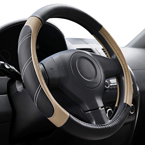 Elantrip Steering Wheel Cover Leather 15 1/2 to 16 inch Universal Large Soft Grip Breathable for Car Truck SUV Jeep Anti Slip Beige - Image 1