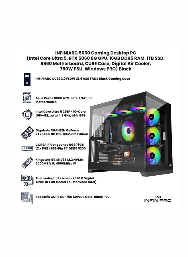 انفني ارك INFINIARC 5060 Gaming Desktop PC (Intel Core Ultra 5, RTX 5060 8G GPU, 16GB DDR5 RAM, 1TB SSD, B860 Motherboard, CUBE Case, Digital Air Cooler ARGB, 750W Gold PSU, Windows PRO) Black Black - Image 2