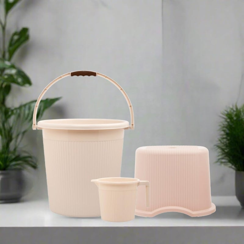 Regalo Combo of 3 pcs Bathroom Accessories Set Plastic Bathroom Set with Plastic Bucket, Small Mug and Medium Stool for Home, Kitchen & Bathroom (Beige, 25ltr-Large) - Image 1