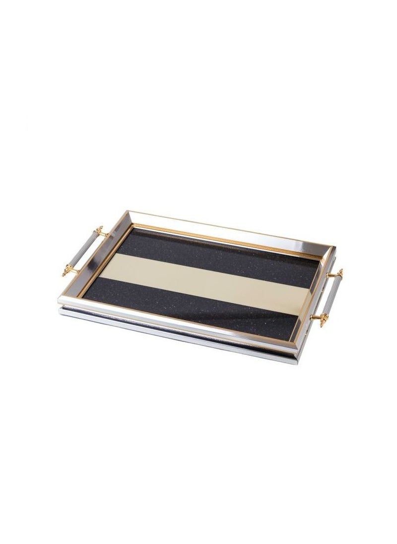 Hic - Wooden serving tray, silver-golden color, with a floor of black crystals, with a silvery handle - Image 1