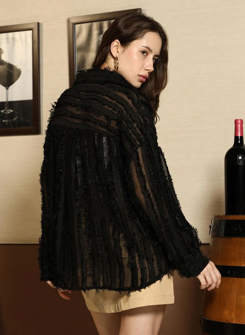 PINACOLADA Pinacolada Women's Onyx Black Fur-Striped Oversized Shirt | Spread Collar , Long Cuffed Sleeves , Button Closure | Solid Textured Fur Material | Cotton-Blend Shirt For Casual Wear