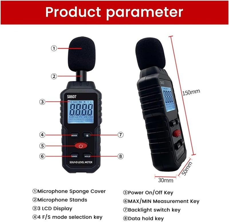 مقياس مستوى الصوت الرقمي المحمول من 30 إلى 130 ديسيبل لاختبار الضوضاء - Image 5