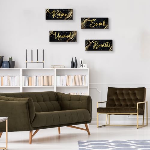 ONIZHITY 4 Pcs Black and Gold Bathroom Decor Black Gold Wall Decor Relax Soak Unwind Breathe Wooden Rustic Marble Style Bathroom Accessories for Bedroom Living Room Decor Kitchen(10X4) - Image 5