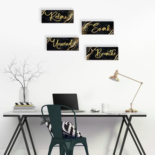 ONIZHITY 4 Pcs Black and Gold Bathroom Decor Black Gold Wall Decor Relax Soak Unwind Breathe Wooden Rustic Marble Style Bathroom Accessories for Bedroom Living Room Decor Kitchen(10X4) - Image 3