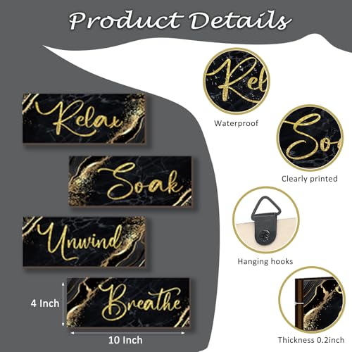 ONIZHITY 4 Pcs Black and Gold Bathroom Decor Black Gold Wall Decor Relax Soak Unwind Breathe Wooden Rustic Marble Style Bathroom Accessories for Bedroom Living Room Decor Kitchen(10X4) - Image 2