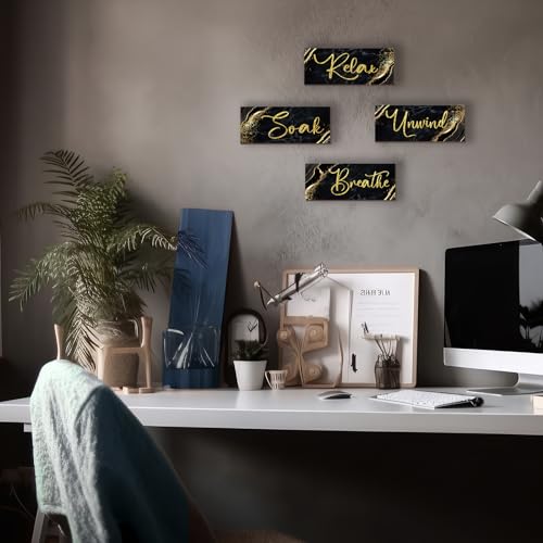ONIZHITY 4 Pcs Black and Gold Bathroom Decor Black Gold Wall Decor Relax Soak Unwind Breathe Wooden Rustic Marble Style Bathroom Accessories for Bedroom Living Room Decor Kitchen(10X4) - Image 4
