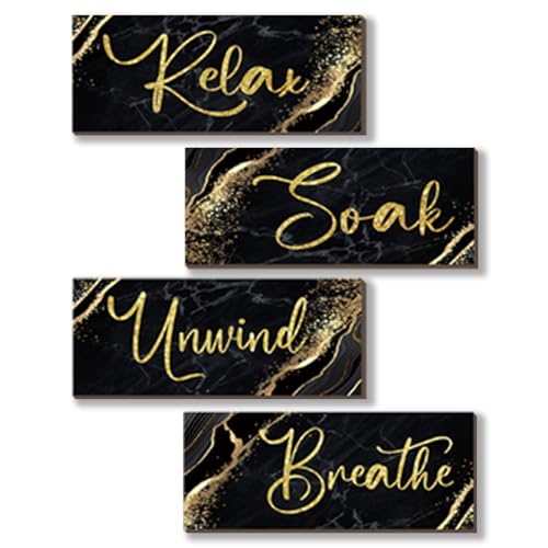 ONIZHITY 4 Pcs Black and Gold Bathroom Decor Black Gold Wall Decor Relax Soak Unwind Breathe Wooden Rustic Marble Style Bathroom Accessories for Bedroom Living Room Decor Kitchen(10X4) - Image 1