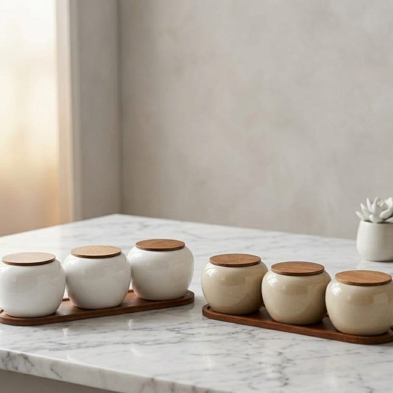 Porcelain snack bowl with 3 compartments, round shape, with a wooden base and lid.
