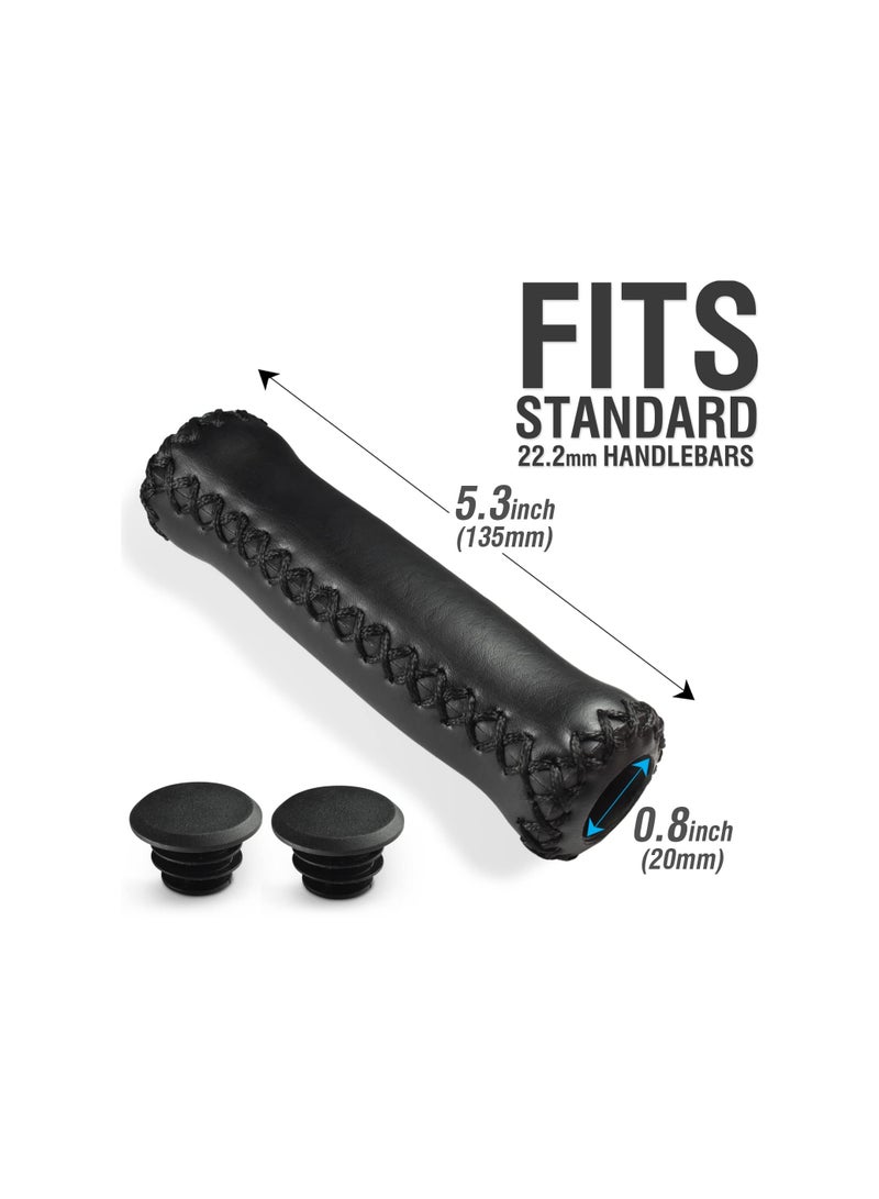 Cruiser Bike Handlebar Grips, Anti-Slip & Comfortable Black Vinyl Leather Grips in 13.5cm with Hand-Stitched Seam for 22.2mm (7/8") Beach Cruiser Bicycle Handlebar for Woman & Man