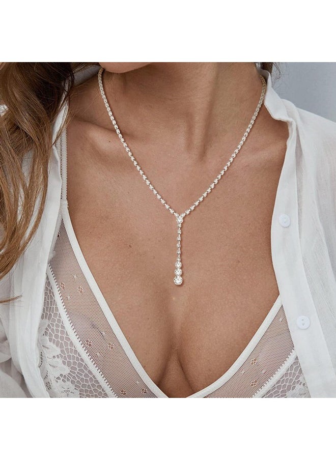 Thunaraz Sparkled Jewelry Set For Women Silver Rhinestone Necklace Teardrop Dangle Earrings Bracelet For Bride Bridesmaid Crystal Bridal Prom Costume Jewelry Accessories For Wedding Party  - Image 2