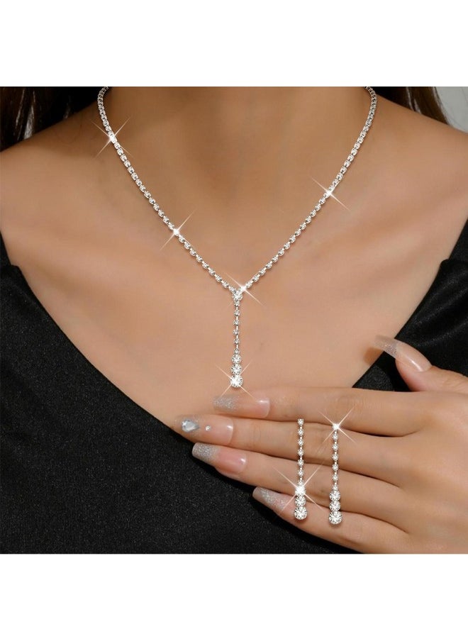 Thunaraz Sparkled Jewelry Set For Women Silver Rhinestone Necklace Teardrop Dangle Earrings Bracelet For Bride Bridesmaid Crystal Bridal Prom Costume Jewelry Accessories For Wedding Party  - Image 3