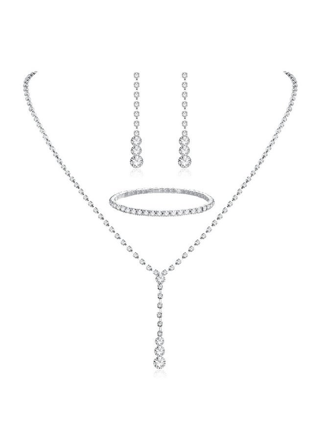 Thunaraz Sparkled Jewelry Set For Women Silver Rhinestone Necklace Teardrop Dangle Earrings Bracelet For Bride Bridesmaid Crystal Bridal Prom Costume Jewelry Accessories For Wedding Party  - Image 1