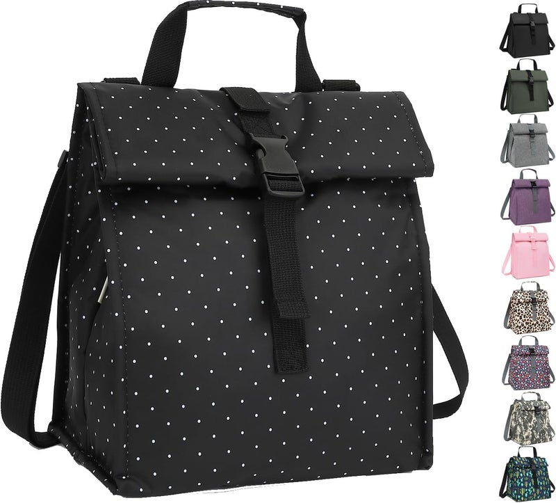 GYEUKHAM Insulated Lunch Bag for Men/Women,Roll top Reusable Lunch Box with Adjustable Shoulder Strap,Thermal Lunch Cooler Tote Container for Adults Work Office Picnic,Black Dot - Image 1
