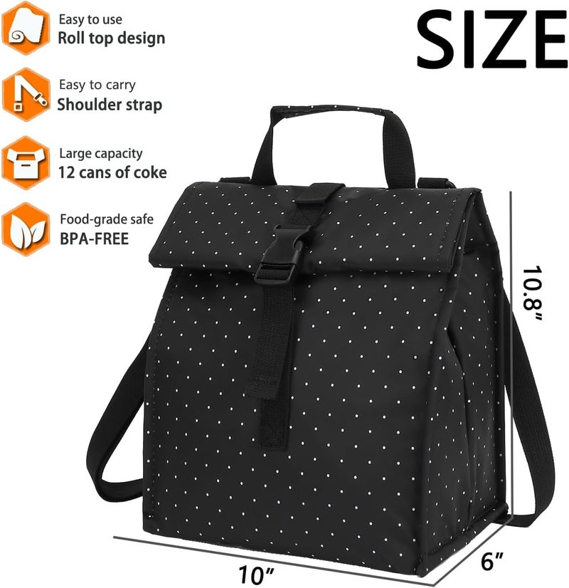 GYEUKHAM Insulated Lunch Bag for Men/Women,Roll top Reusable Lunch Box with Adjustable Shoulder Strap,Thermal Lunch Cooler Tote Container for Adults Work Office Picnic,Black Dot - Image 3
