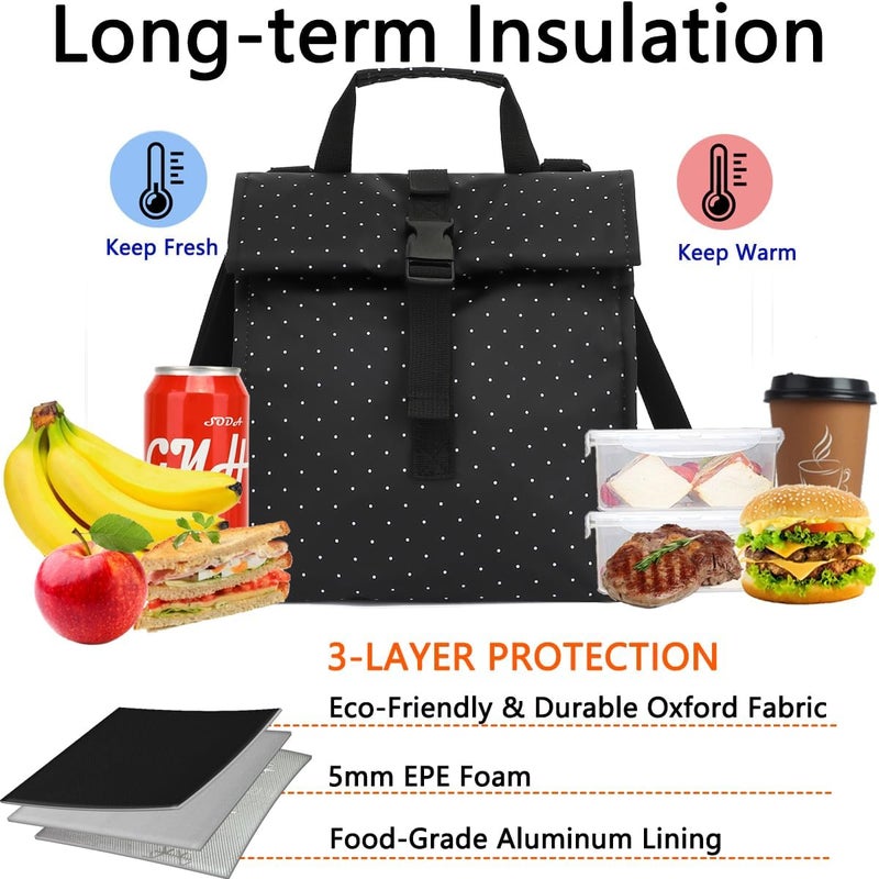 GYEUKHAM Insulated Lunch Bag for Men/Women,Roll top Reusable Lunch Box with Adjustable Shoulder Strap,Thermal Lunch Cooler Tote Container for Adults Work Office Picnic,Black Dot - Image 4
