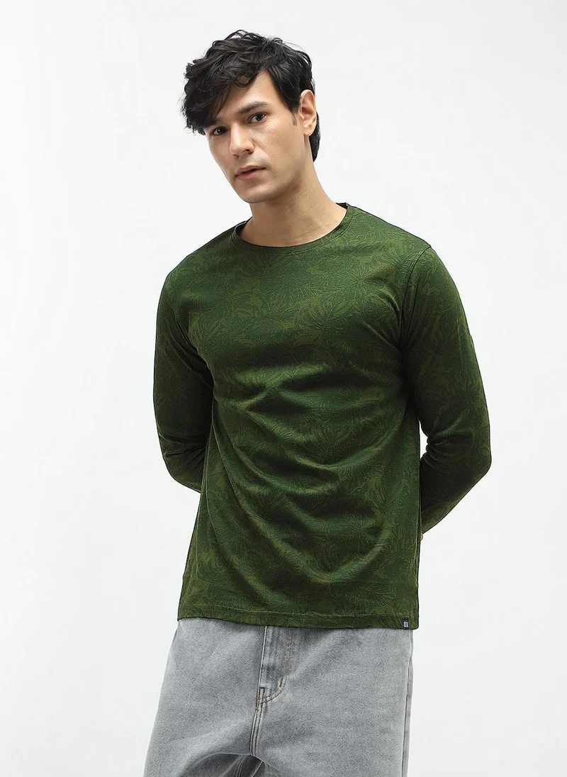 Urbano Fashion Men's Olive Green Printed Full Sleeve Slim Fit Cotton T-Shirt