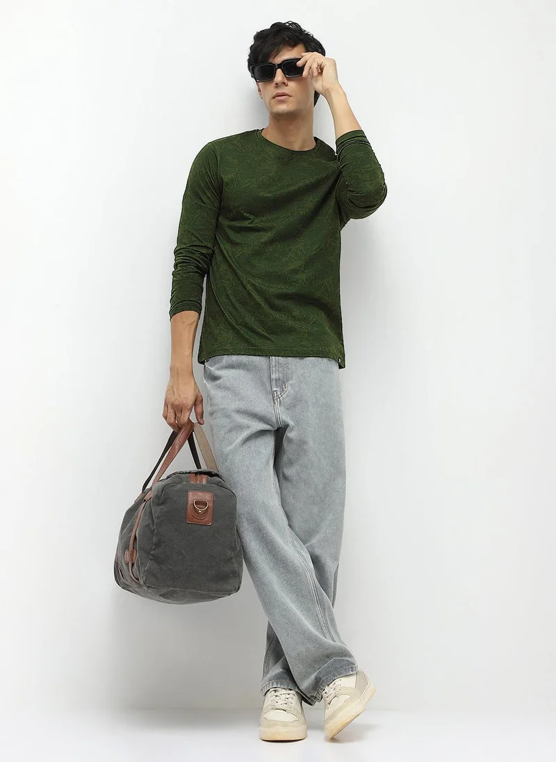 Urbano Fashion  Urbano Fashion Men's Olive Green Printed Full Sleeve Slim Fit Cotton T-Shirt for Men | Best Price UAE
