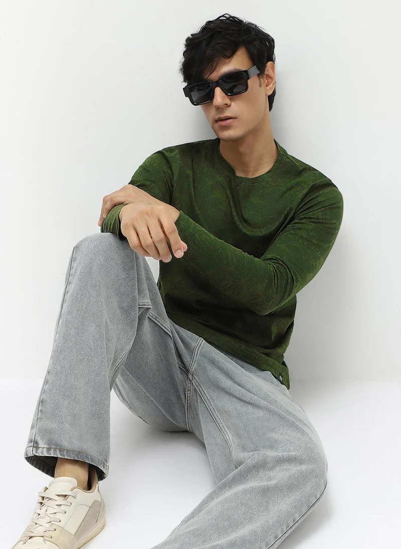 Urbano Fashion  Urbano Fashion Men's Olive Green Printed Full Sleeve Slim Fit Cotton T-Shirt for Men | Best Price UAE