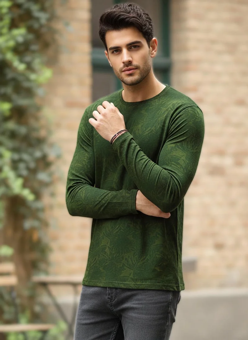 Urbano Fashion  Urbano Fashion Men's Olive Green Printed Full Sleeve Slim Fit Cotton T-Shirt for Men | Best Price UAE