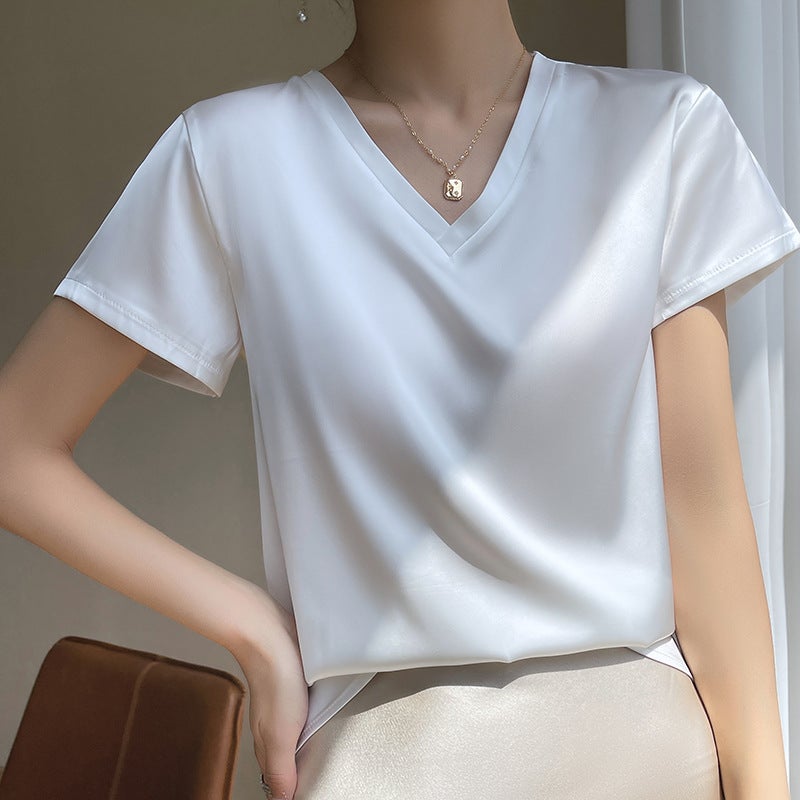 Acetic Acid Short-sleeved T-shirt Women's Summer New Style Top All-match High-grade Satin Crewneck V-neck - Image 1