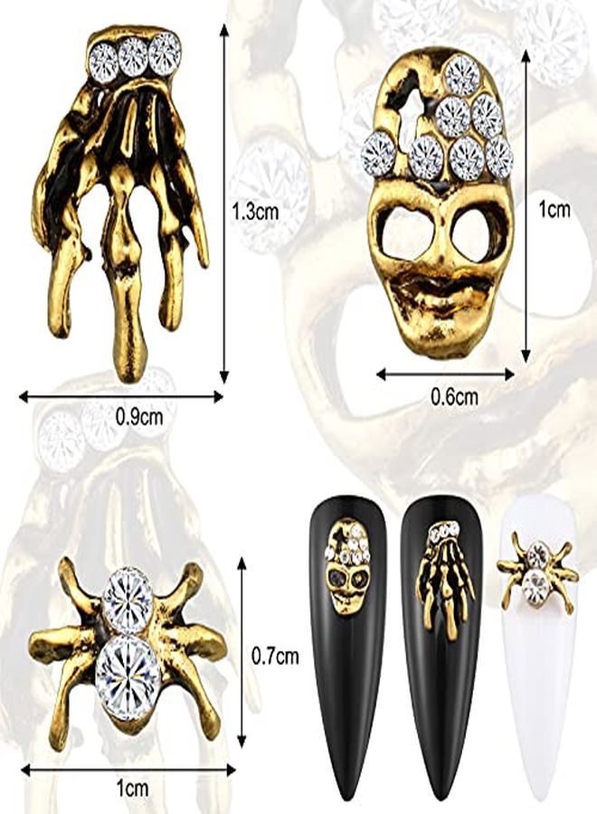 Maitys 60 قطعة زينة أظافر جمجمة عنكبوت 3D مع أحجار الراين هيكل عظمي يد زينة أظافر مجوهرات ديكور أظافر لعيد الهالوين (ذهب عتيق) - Image 2