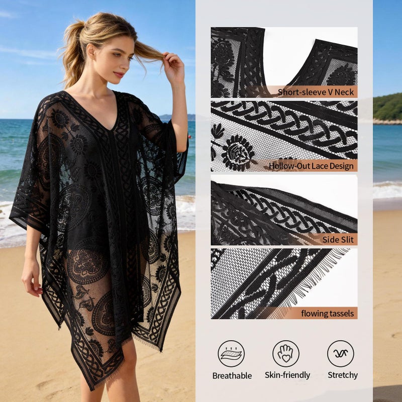 FeelfunFeather Lace Bathing Suit Cover Up for Women,V-Neck Summer Swimsuit Coverups Loose Swimwear Beach Dress for Pool Sea Party,Black - Image 2