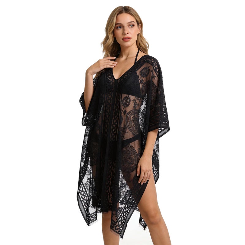 FeelfunFeather Lace Bathing Suit Cover Up for Women,V-Neck Summer Swimsuit Coverups Loose Swimwear Beach Dress for Pool Sea Party,Black - Image 1