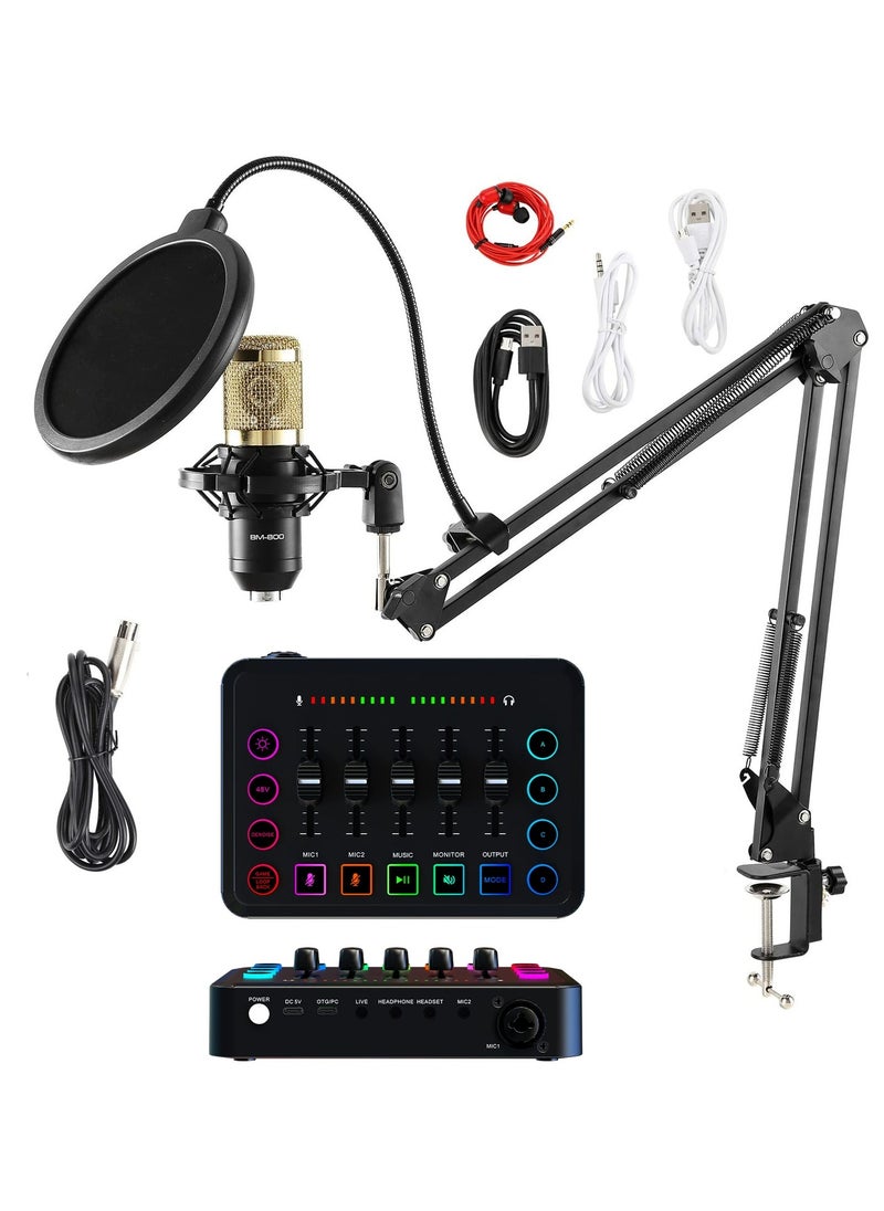EVEREEN HD Gaming Audio Mixer Set Rechargeable Audio Interface RGB Mixer with XLR Mic Interface 48V Phantom Power for Podcast/Recording (Standard package + gold microphone)  - Image 1