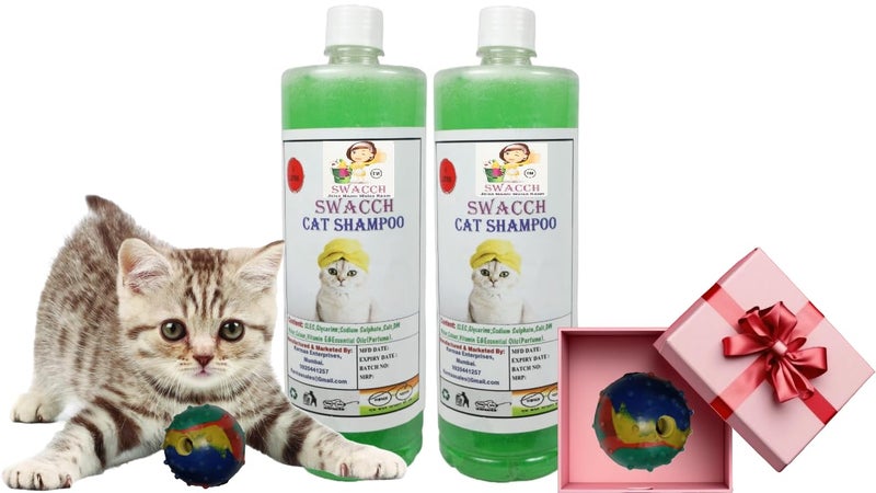 swacch Cat Shampoo + Rubber Musical Ball I Chew Playing Rubber Ball I Interactive Cat Toy Balls I Training & Play I Combo Pack I 1 Litre Pack of 2 Neem Alovera - Image 1