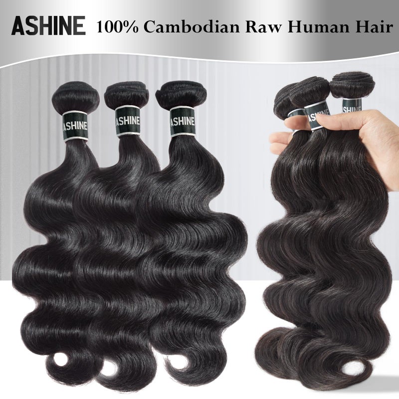 ASHINE Human Hair Bundles Body Wave, Unprocessed Cambodian Raw Hair Bundles for Women Natural Black 14 16 18 Inch, Keep Soft and Silky After Multiple Washes - Image 2